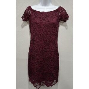 Ambiance Lace Mini Dress SizeLarge Burgundy Lined Short Sleeve Stretch Pull Over